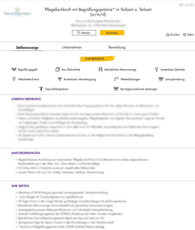 Stellenanzeige Beispiel der Mitarbeiterbenefits bei Mein-pflegejob.de